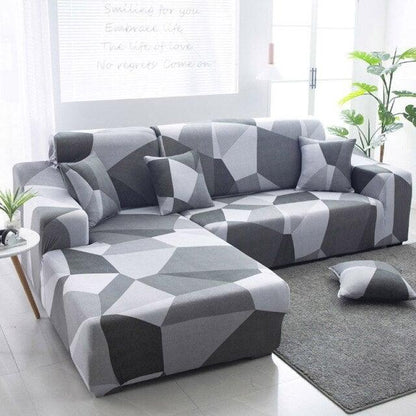 Sofa cover by Stevvex geometric jacquard for L-shaped sectional with elastic bottom gray on Tampa Home & Garden Store