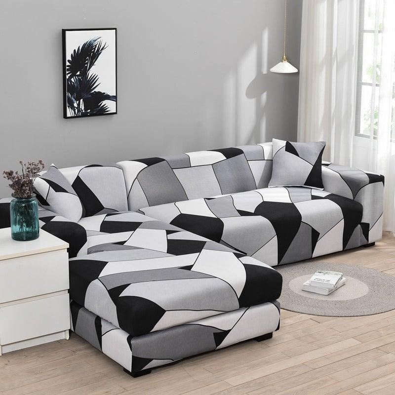 Sofa cover Stevvex Geometric black gray Jacquard for L-shaped chaise with elastic bottom on Tampa Home & Garden Store