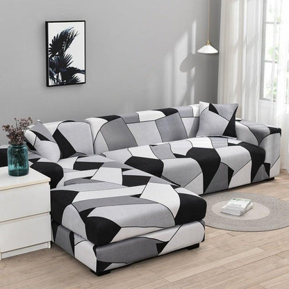 Sofa cover Stevvex Geometric black gray Jacquard for L-shaped chaise with elastic bottom on Tampa Home & Garden Store
