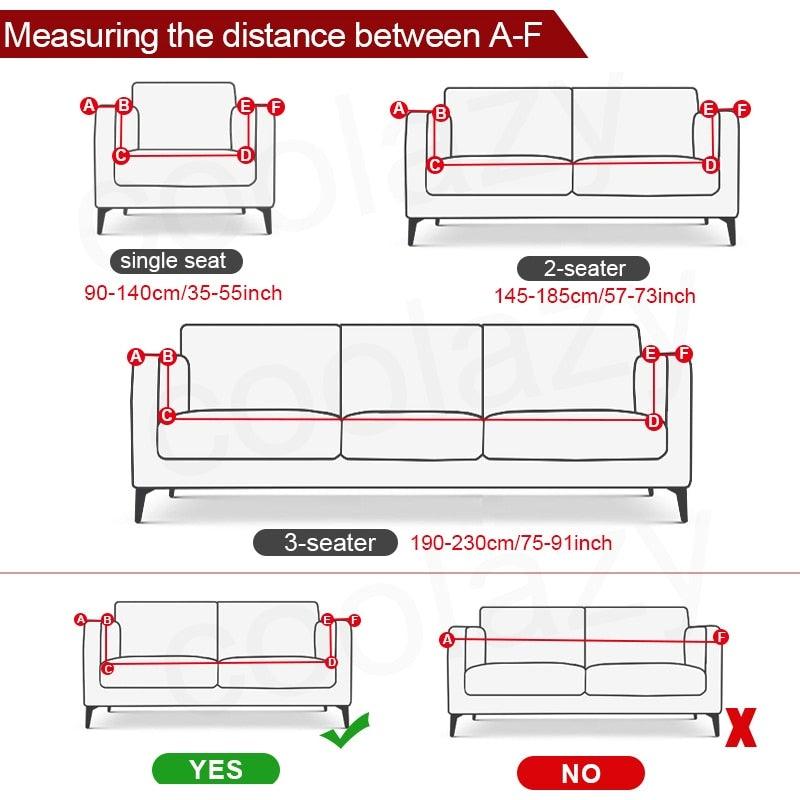 Stevvex Sofa Cover size guide with A-F measurements for single, 2-seat, 3-seat sofas on Tampa Home & Garden Store