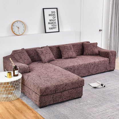 Sofa cover Stevvex geometric jacquard for L-shaped chaise with elastic bottom maroon on Tampa Home & Garden Store
