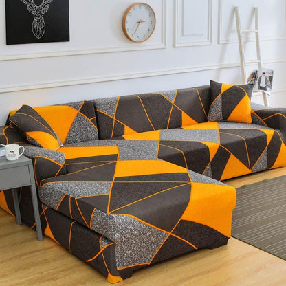 Sofa cover Stevvex geometric jacquard slipcover for chaise, orange gray, elastic bottom on Tampa Home & Garden Store