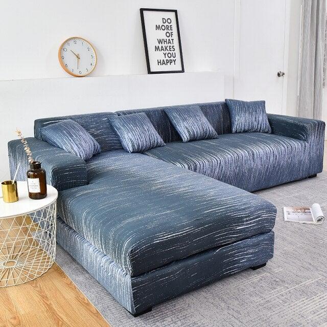 Sofa cover Stevvex Geometric blue jacquard elastic-bottom chaise for L-shaped sofa on Tampa Home & Garden Store