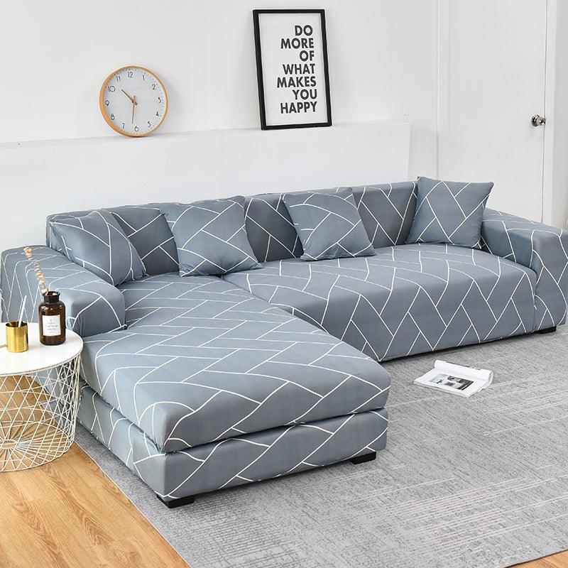 Sofa slipcover set for L-shaped chaise lounge with elastic bottom Stevvex geometric jacquard on Tampa Home & Garden Store