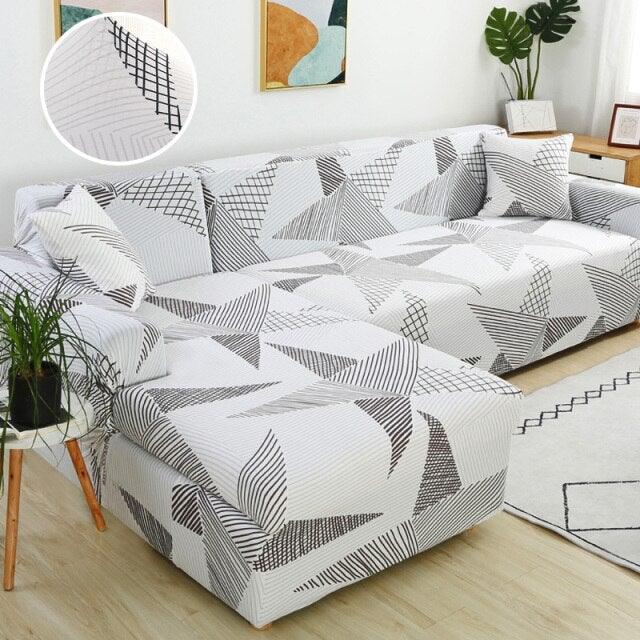 Geometric sofa cover for L-shaped chaise, grey-white jacquard with elastic bottom, Stevvex on Tampa Home & Garden Store