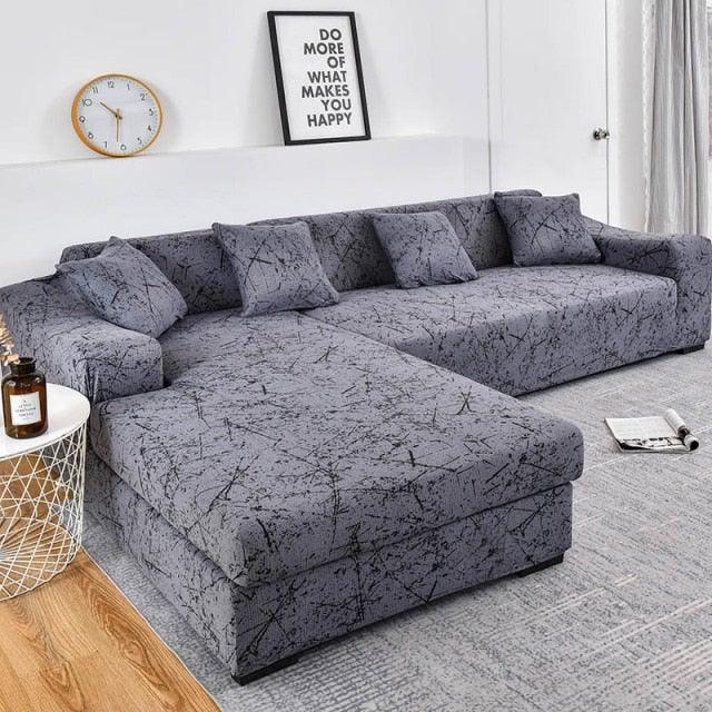Geometric jacquard sofa cover for L-shaped sectional with chaise, elastic bottom, grey couch on Tampa Home & Garden Store