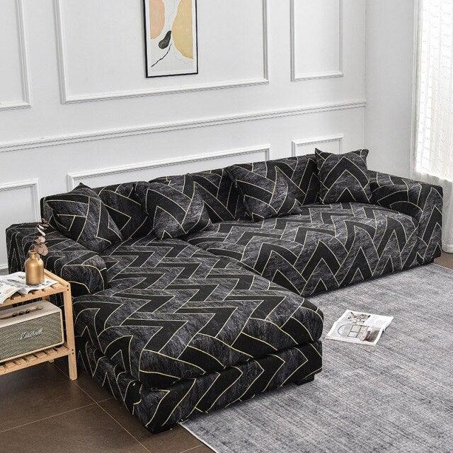 Sofa cover Stevvex black geometric jacquard for L-shaped sectional chaise, elastic bottom on Tampa Home & Garden Store