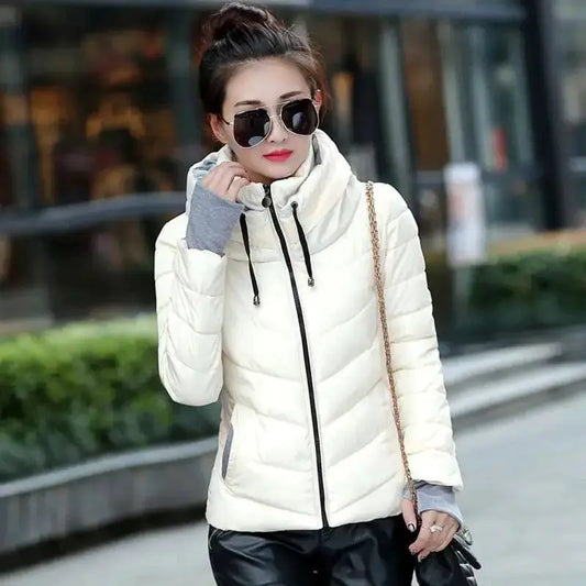 Stevvex women's short white puffer jacket with hood, black zipper and gray cuff accents on Tampa Home & Garden Store