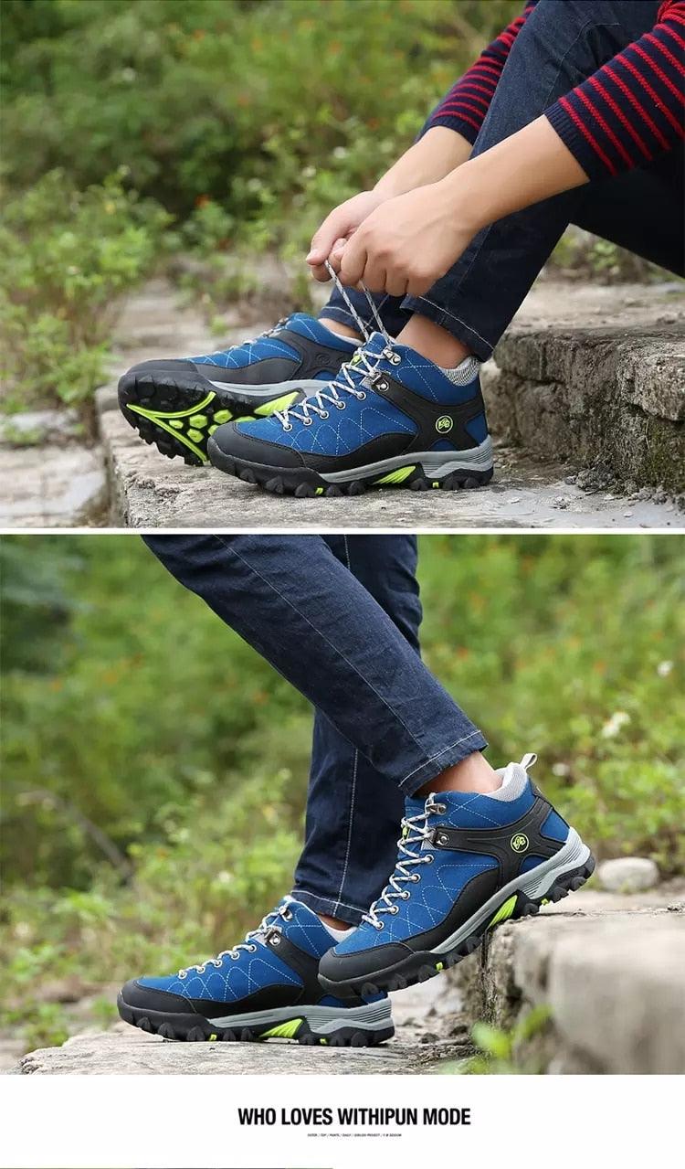 Stevvex blue men's outdoor boots with black overlays, white laces, and rugged lime green outsole on Tampa Home & Garden Store