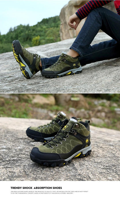 Stevvex olive green hiking boots pair with fur-lined collar and yellow-outsole for traction on Tampa Home & Garden Store