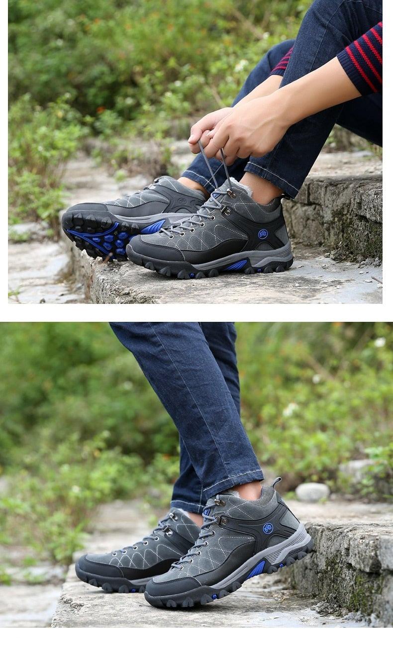 Stevvex men's gray/black fur-lined winter hiking boots with rugged outsole and blue accents on Tampa Home & Garden Store