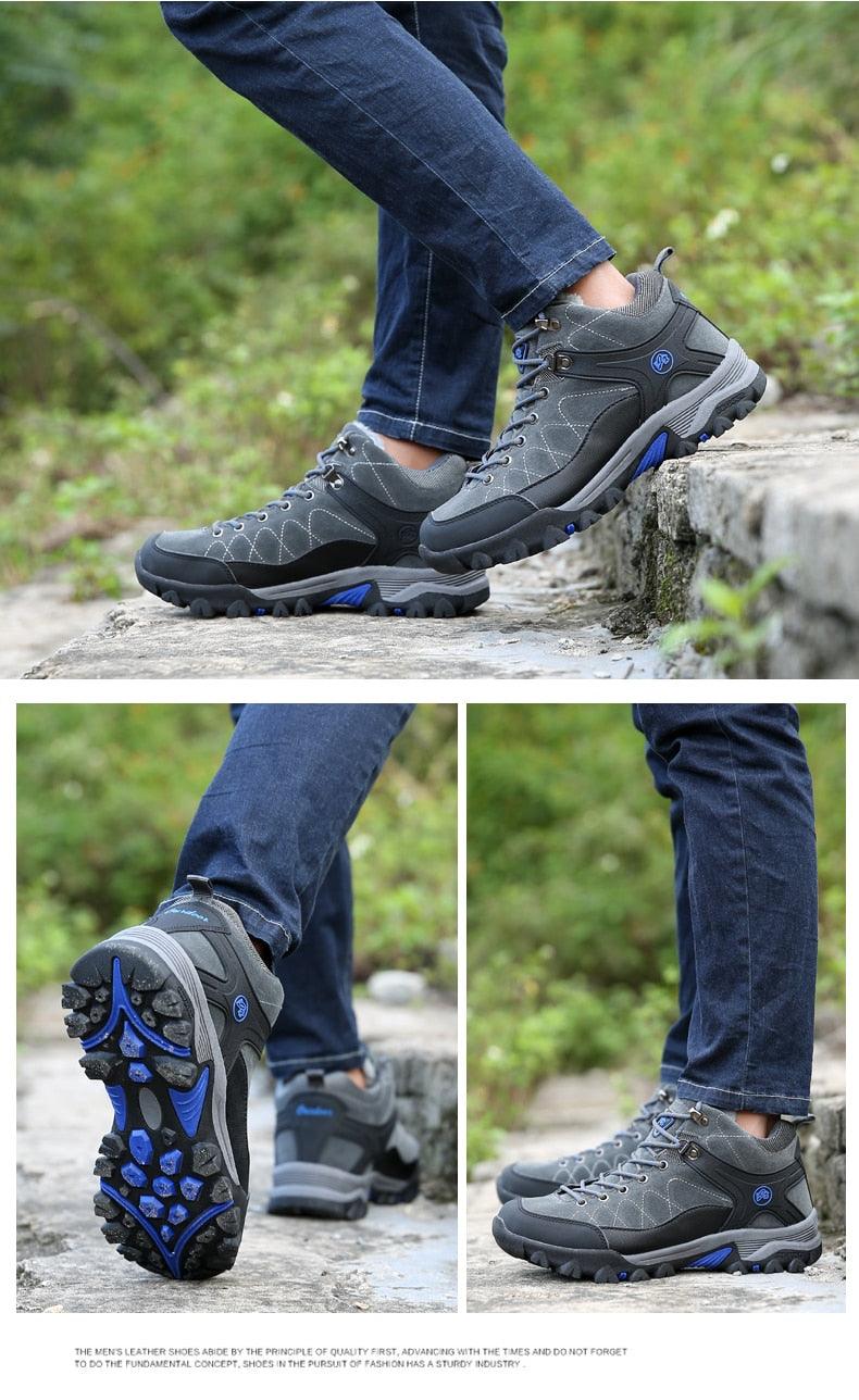 Stevvex men's winter boots grey/black fur-lined, rugged rubber outsole, blue accents on Tampa Home & Garden Store