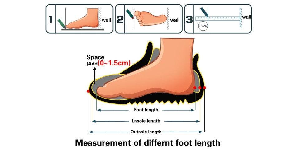 Stevvex Soft Black Boots sizing guide showing foot length steps on Tampa Home & Garden Store