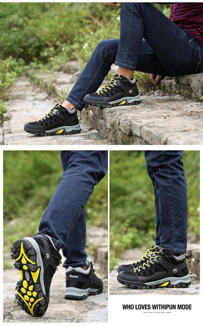 Pair of Stevvex black men's winter boots with fur lining, yellow laces, rugged outsole on Tampa Home & Garden Store