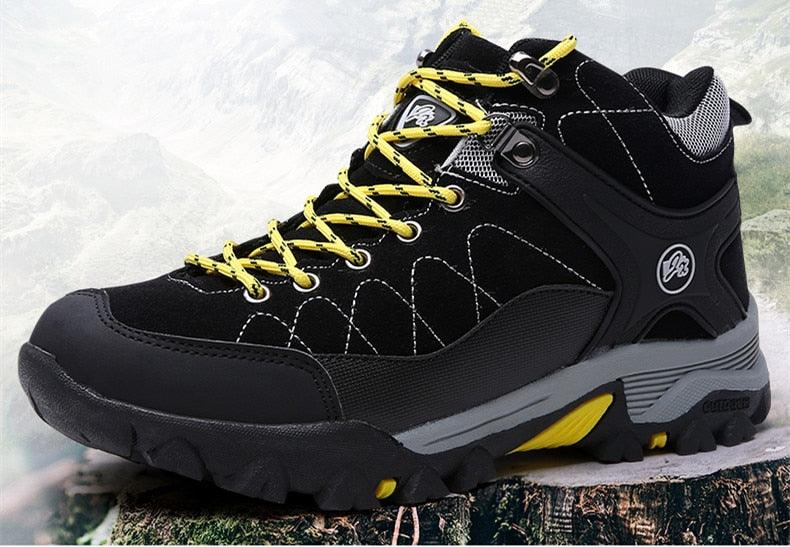 Stevvex black winter boots for men with fur lining, non-slip outsole and yellow eyelets on Tampa Home & Garden Store