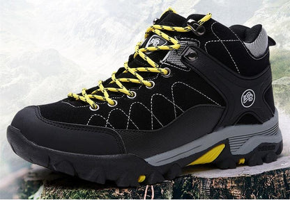 Stevvex black winter boots for men with fur lining, non-slip outsole and yellow eyelets on Tampa Home & Garden Store