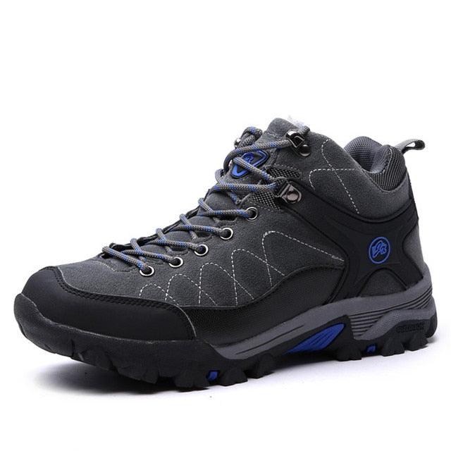 Stevvex men's winter boot, black/gray fur-lined hiking shoe with rugged outsole, blue accents on Tampa Home & Garden Store