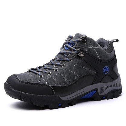 Stevvex men's winter boot, black/gray fur-lined hiking shoe with rugged outsole, blue accents on Tampa Home & Garden Store