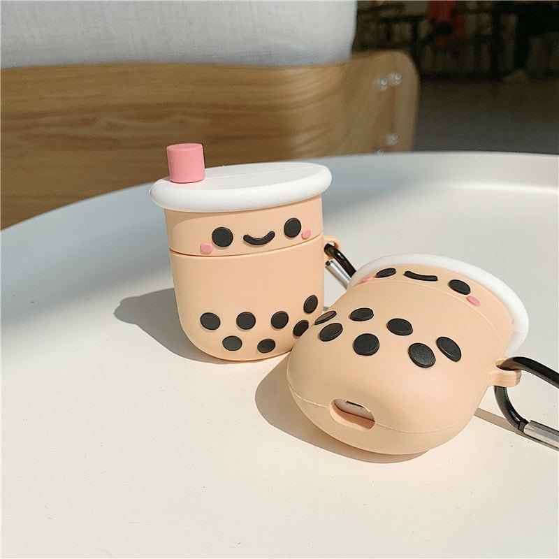 Shaketea Boba Tea AirPods Case peach with black tapioca dots lid and pink straw pair keyring on Tampa Home & Garden Store