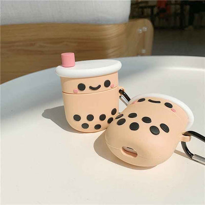 Shaketea Boba Tea AirPods Case peach with black tapioca dots lid and pink straw pair keyring on Tampa Home & Garden Store