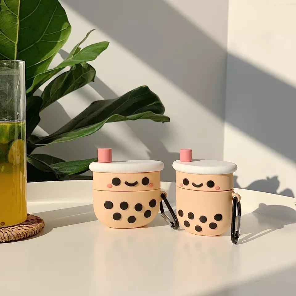 Soft Boba Tea AirPods Case set of 2 peach with white lids pink straw keyrings on Tampa Home & Garden Store