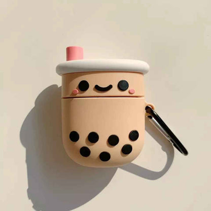 Boba Tea AirPods Case by Shaketea, beige body, white lid, pink straw, black dots, keyring on Tampa Home & Garden Store