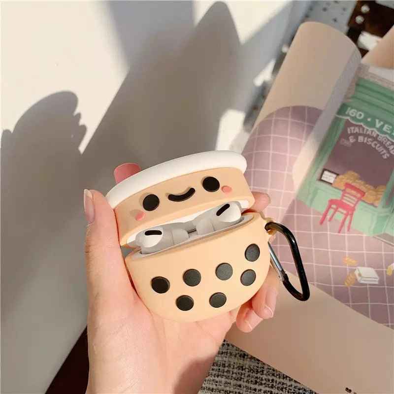 Shaketea Boba Tea AirPods Case beige with black tapioca dots, open lid reveals AirPods, keyring on Tampa Home & Garden Store