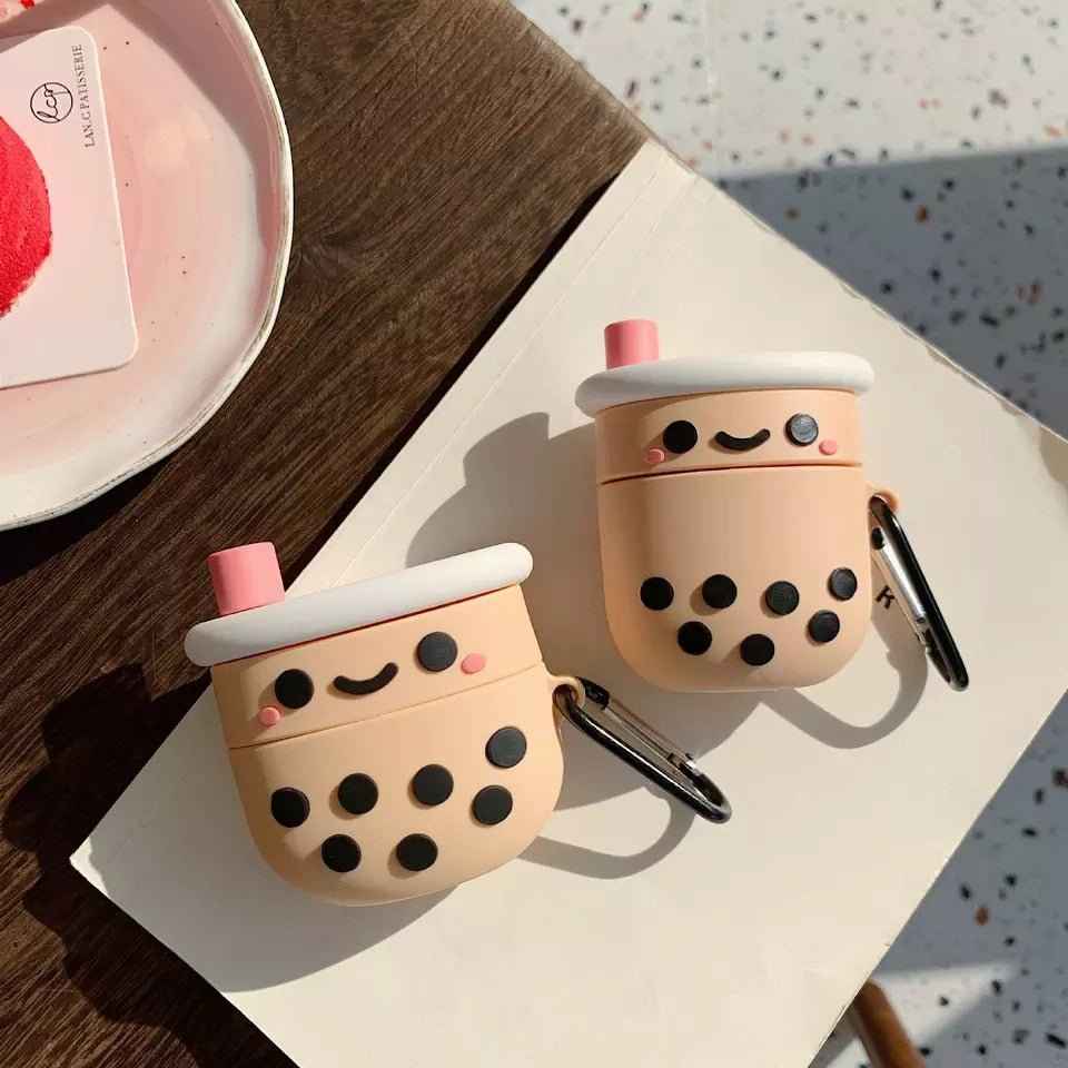 Soft Boba Tea AirPods Case by Shaketea, peach cups with white lids, pink straw; 2-pack on Tampa Home & Garden Store