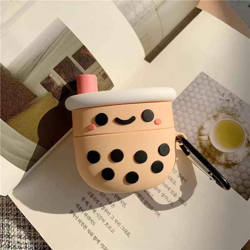 Soft Boba Tea AirPods Case peach silicone with black tapioca pearls and keyring Shaketea on Tampa Home & Garden Store