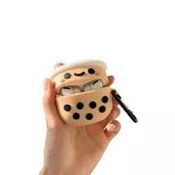 Soft Boba Tea AirPods Case in beige with black pearls keyring by Shaketea fits 1–Pro models on Tampa Home & Garden Store