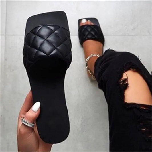 Stevvex pair of black quilted leather open-toe slide sandals for women, casual beach/office wear on Tampa Home & Garden Store