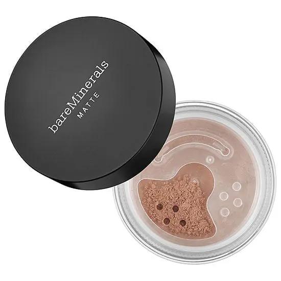 bareMinerals Matte Foundation loose powder in clear jar with black lid, branded bareMinerals on Tampa Home & Garden Store