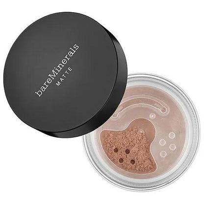 bareMinerals Matte Foundation loose powder in clear jar with black lid, branded bareMinerals on Tampa Home & Garden Store