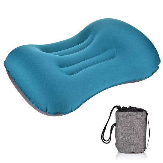 Travel neck pillow blue inflatable with dual inner supports, compact cushion and carry bag on Tampa Home & Garden Store