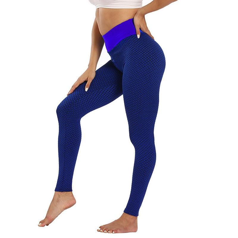 Stevvex Soft Push Up Leggings in blue textured fabric with high-waist purple waistband on Tampa Home & Garden Store