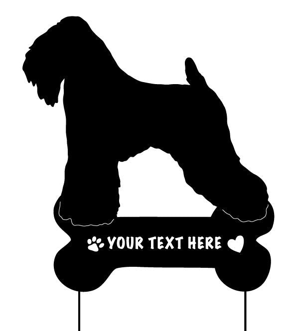 Soft Coated Wheaten Terrier garden stake by Rustica Ornamentals with bone base and text on Tampa Home & Garden Store