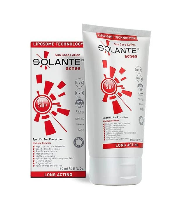 Solante acnes SPF50+ sun lotion tube and box set, white with red graphics, 150 ml on Tampa Home & Garden Store