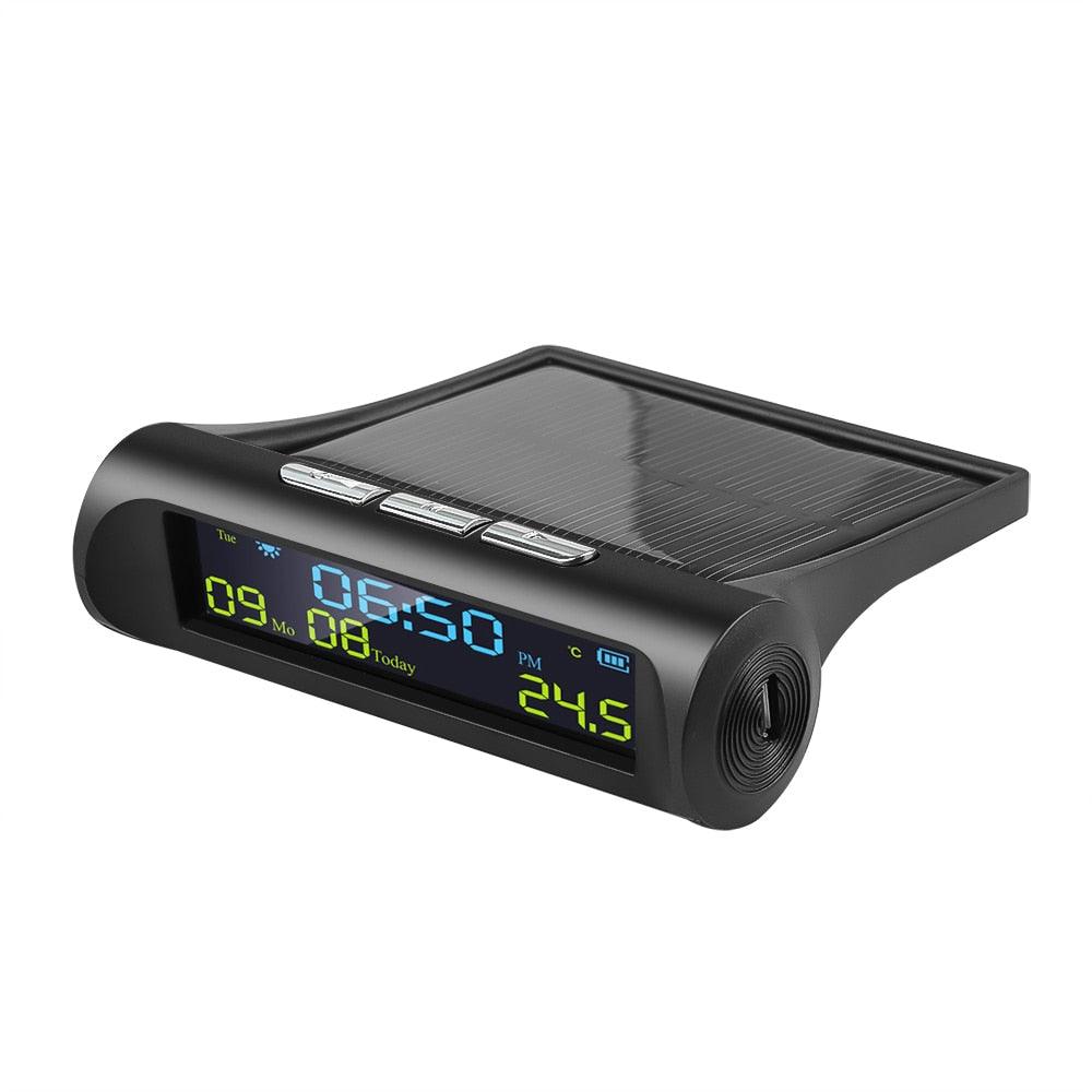 Stevvex solar car clock with LCD time/date and in-car temp, black, solar panel, 3 buttons on Tampa Home & Garden Store