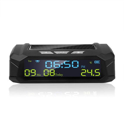 Stevvex solar car clock with LCD time/date and in-car temp display, black unit with blue LED on Tampa Home & Garden Store
