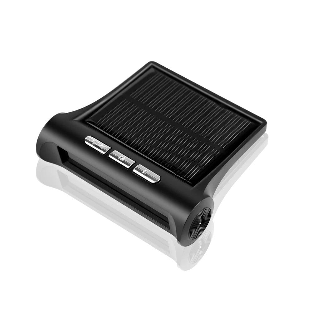 Stevvex solar car clock with LCD time/date display, in-car temp, black body, 3 chrome buttons on Tampa Home & Garden Store