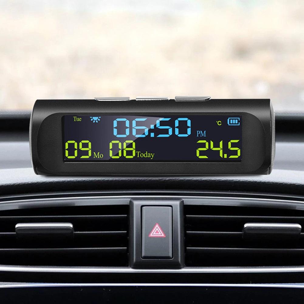 Solar car digital clock by Stevvex with time/date in-car temperature display on dashboard on Tampa Home & Garden Store