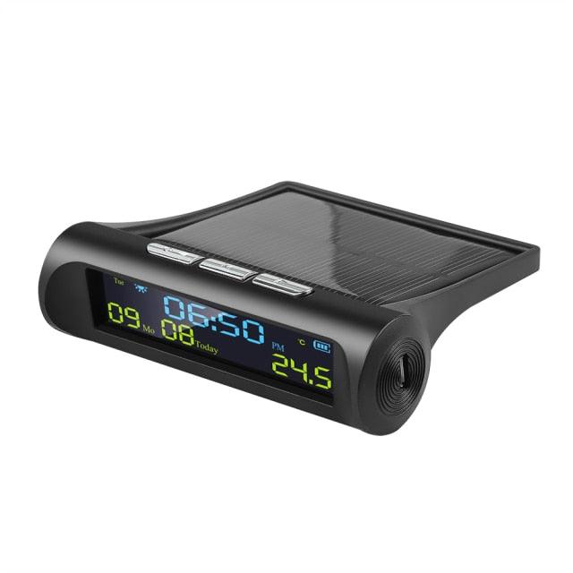Stevvex solar car clock with LCD time/date and in-car temp; black curved dash unit on Tampa Home & Garden Store