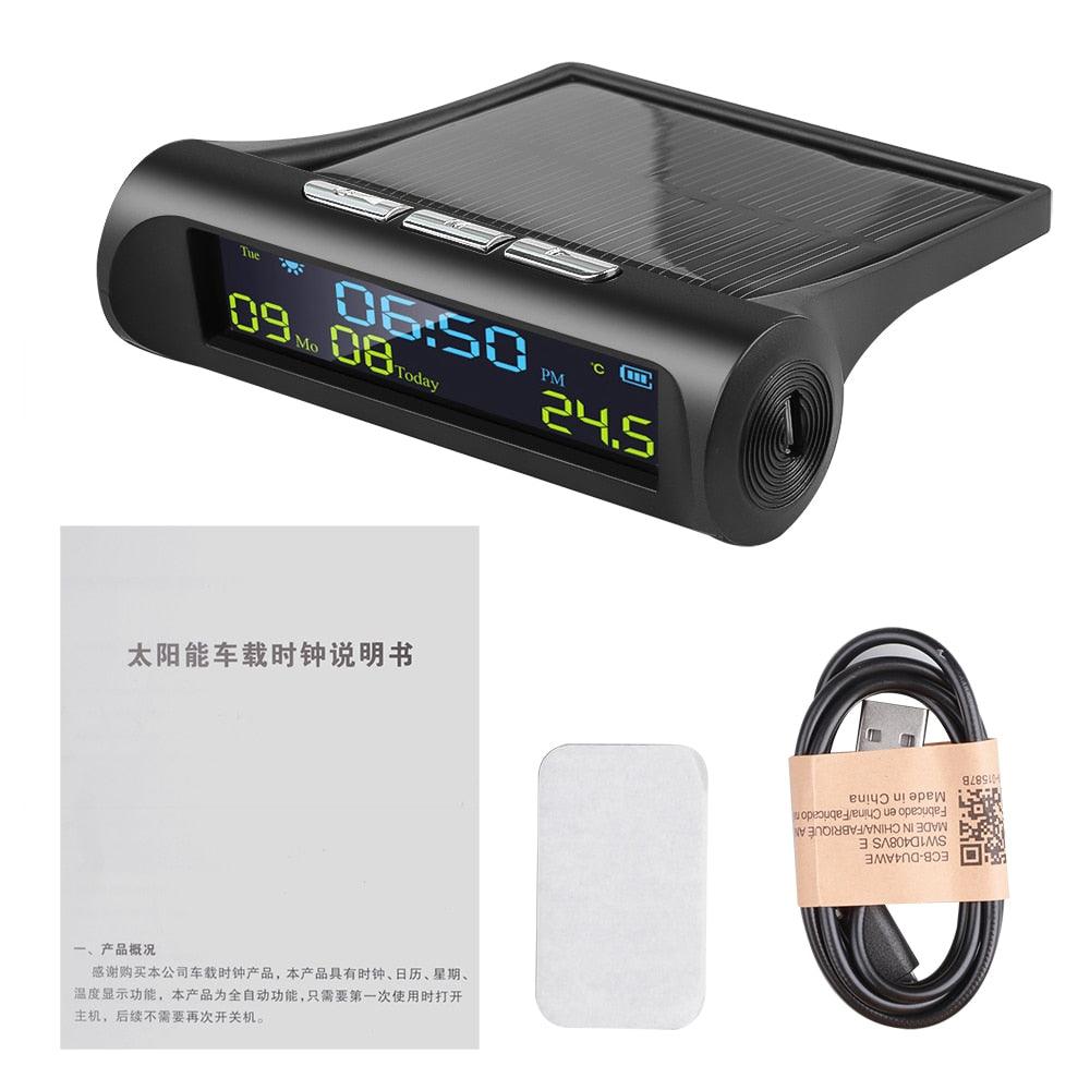 Stevvex solar car clock with LCD time/date and in-car temp display, black housing on Tampa Home & Garden Store