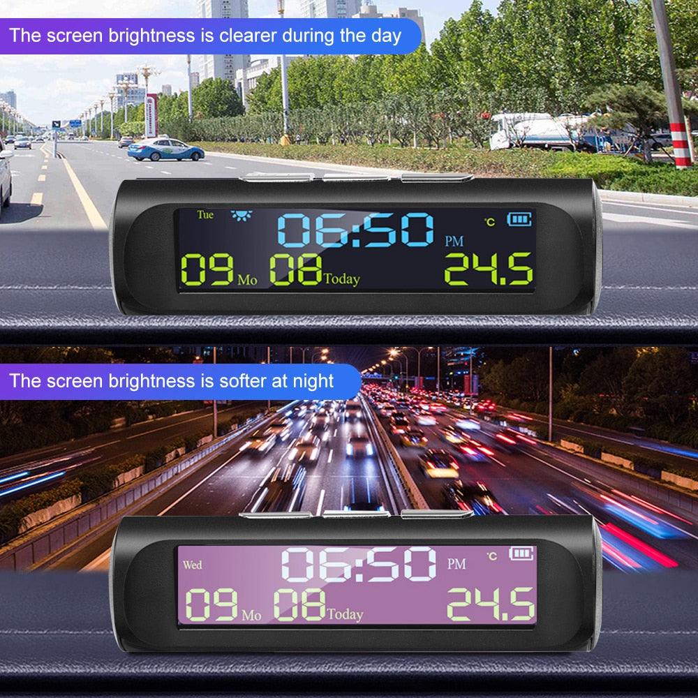 Stevvex solar clock with LCD time and in-car temp, black dash with day/night display on Tampa Home & Garden Store