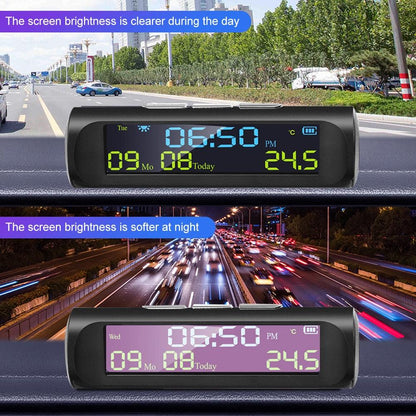 Stevvex solar clock with LCD time and in-car temp, black dash with day/night display on Tampa Home & Garden Store