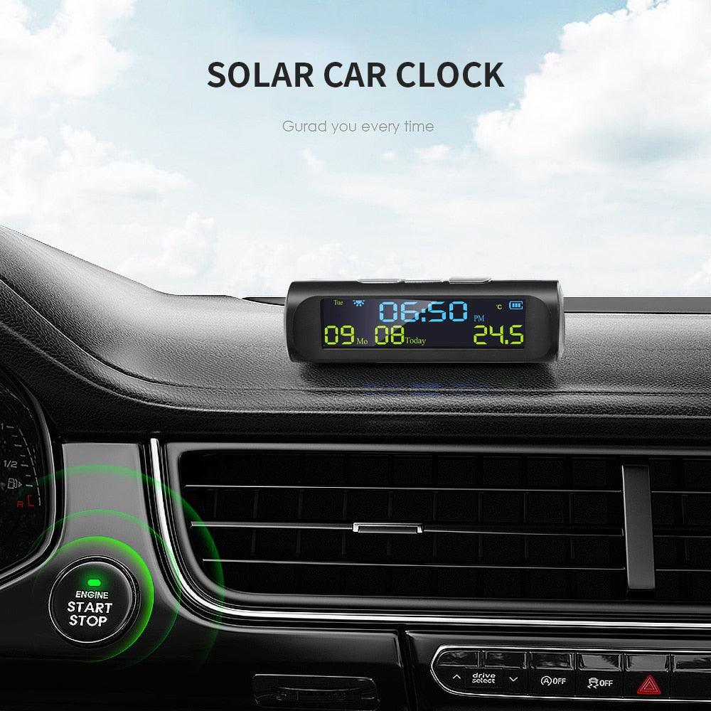 Solar Car Clock by Stevvex with LCD time/date display, black dash mount, in-car temp readout on Tampa Home & Garden Store