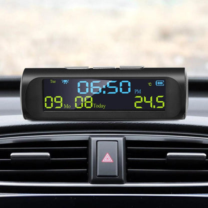 Stevvex solar car digital clock with LCD time/date and in-car temp display mounted on dashboard on Tampa Home & Garden Store