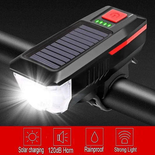 Stevvex solar powered bike light with integrated bell front LED headlamp waterproof on Tampa Home & Garden Store