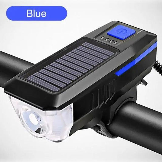 Stevvex solar bike front light with blue panel, USB rechargeable, waterproof headlight on Tampa Home & Garden Store