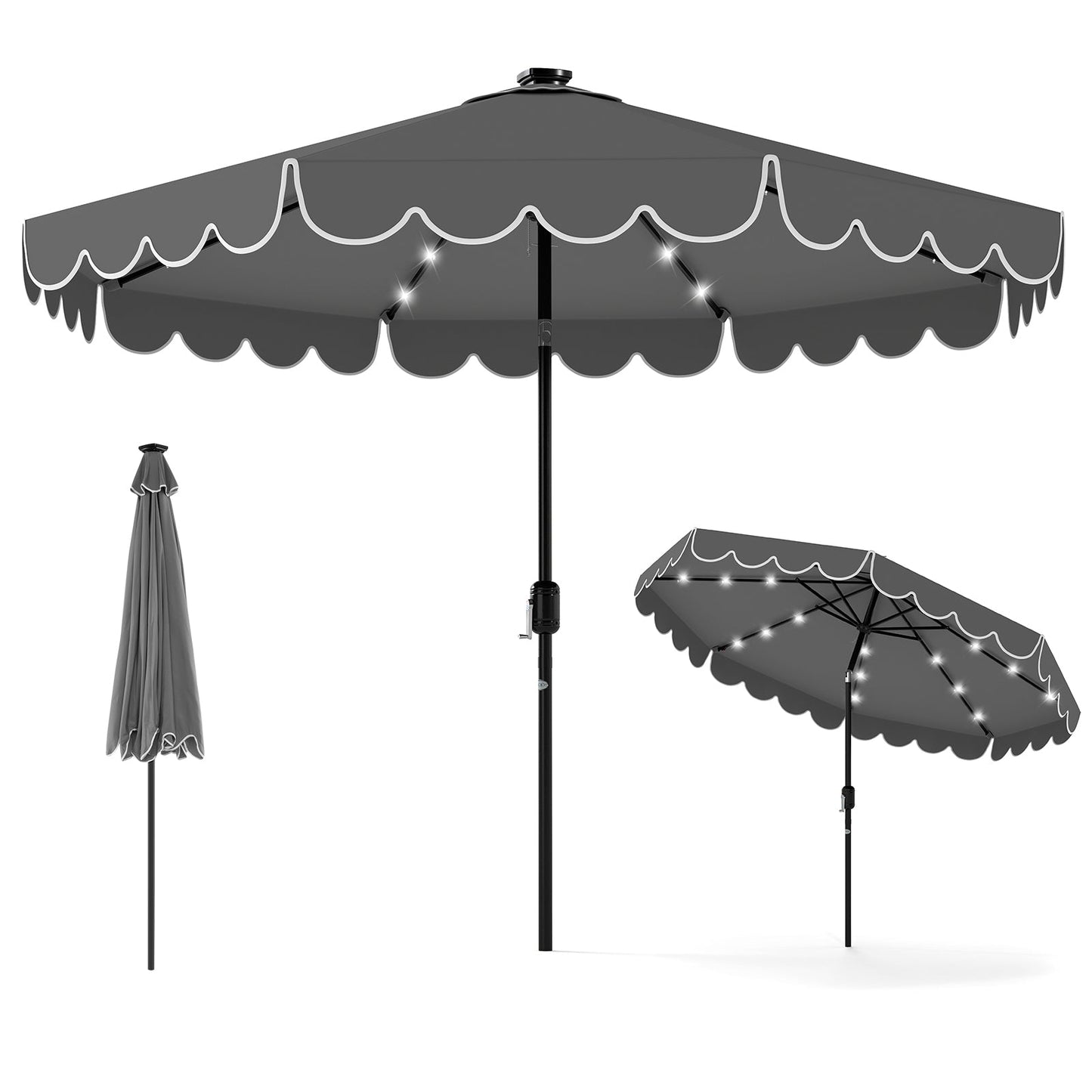 9.3 FT Solar Patio Umbrella with 24 LED Lights Vented Top and Ruffles-Gray